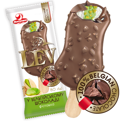 МОРОЗИВО “LEV” ФІСТАШКА У БЕЛЬГІЙСЬКОМУ МОЛОЧНОМУ ШОКОЛАДІ